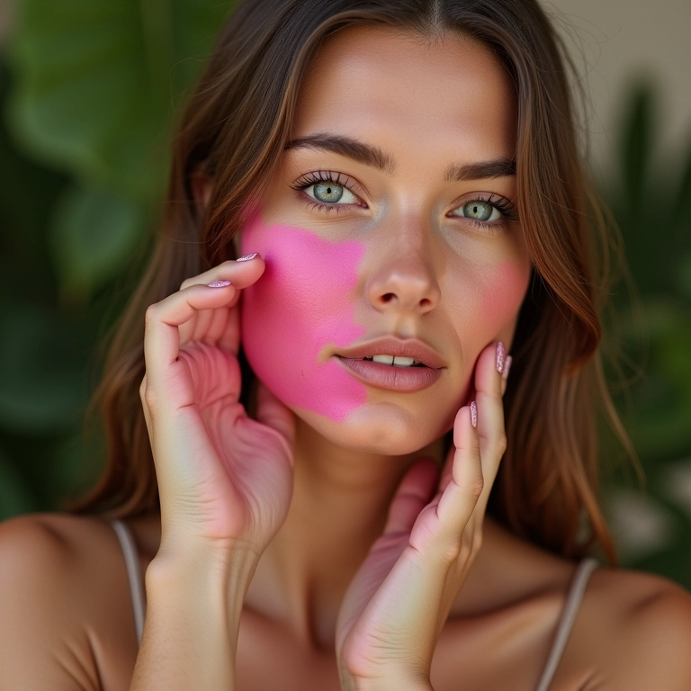 Pele clara com pó multicor rosado, maquiagem suave e natural.