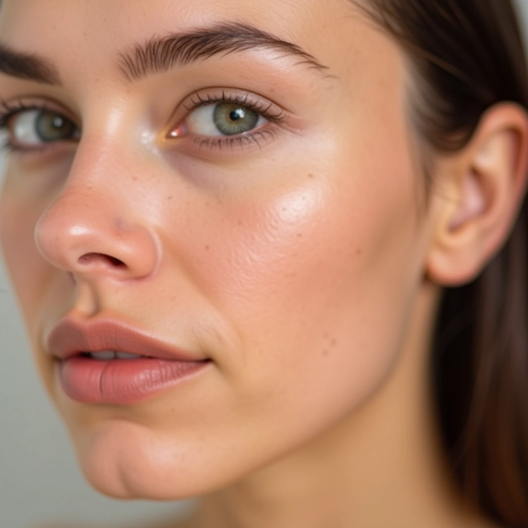 Pele de mulher com poros reduzidos e linhas finas atenuadas após aplicar BB cream.