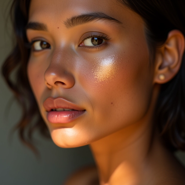 Pele impecável e iluminada com destaque nas maçãs do rosto.