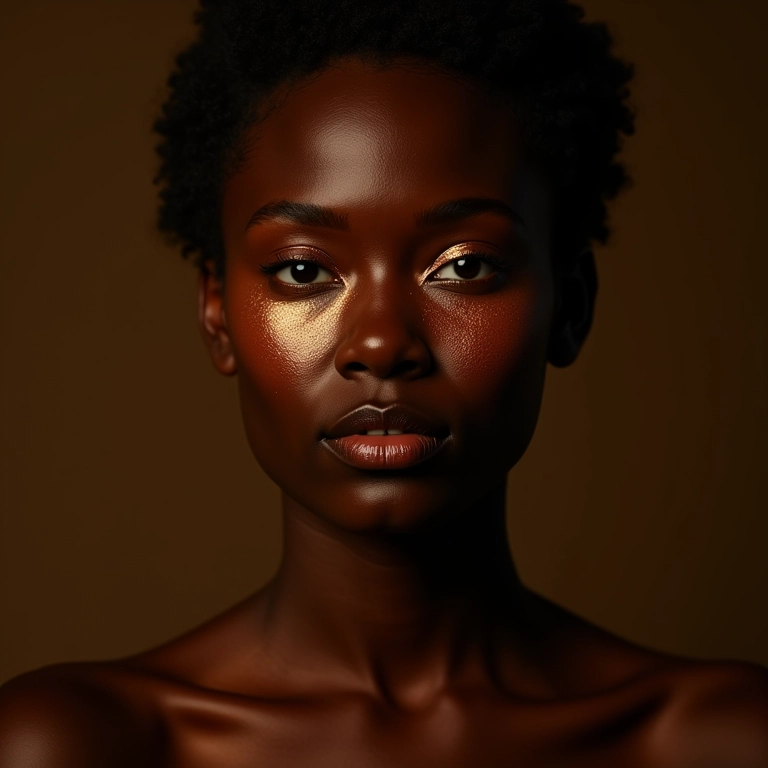 Pele negra com iluminador bronze radiante.