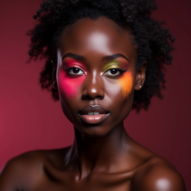 Pele negra com pó multicor vibrante, maquiagem ousada e expressiva.