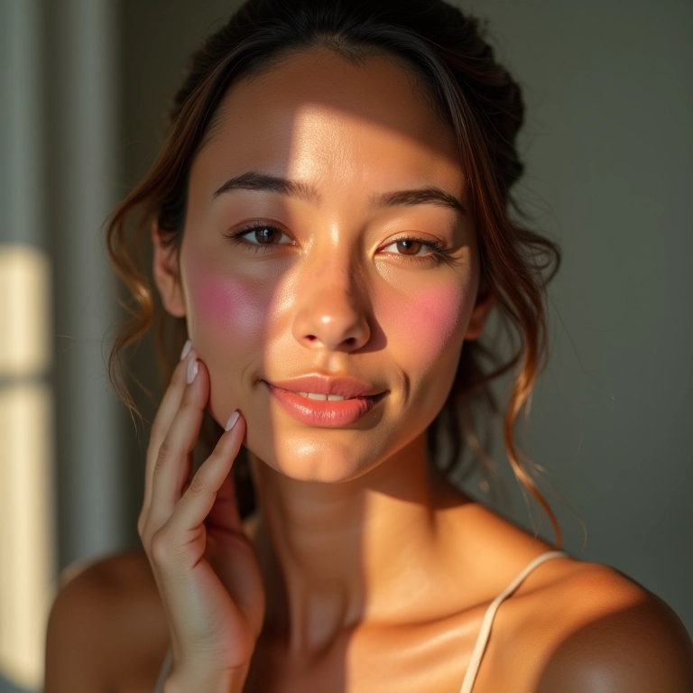 Pele radiante com blush em tinta de acabamento natural.