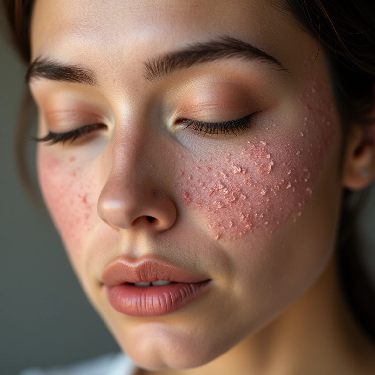 Pele seca e descamando após aplicação de maquiagem, sintoma de alergia.