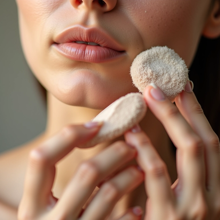 Pele sensível sendo maquiada com pó solto mineral vegano.