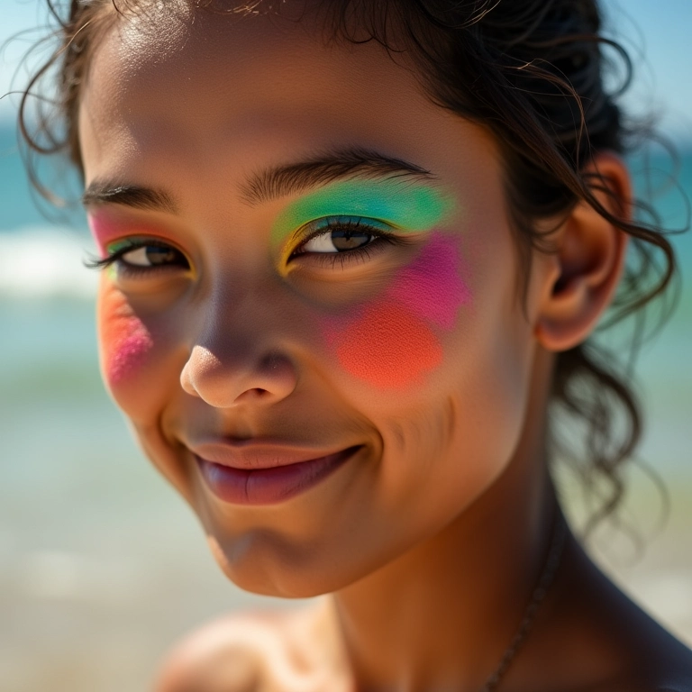 Pele vibrante com maquiagem colorida em jovem mulher.
