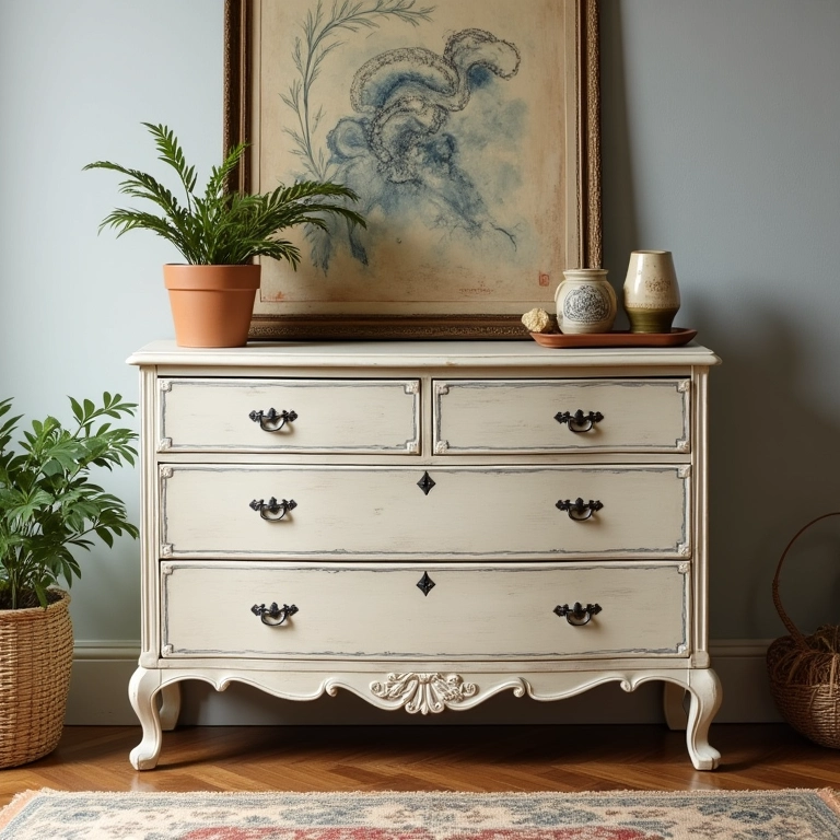 Penteadeira vintage exibindo bases acessíveis, móveis de segunda mão.