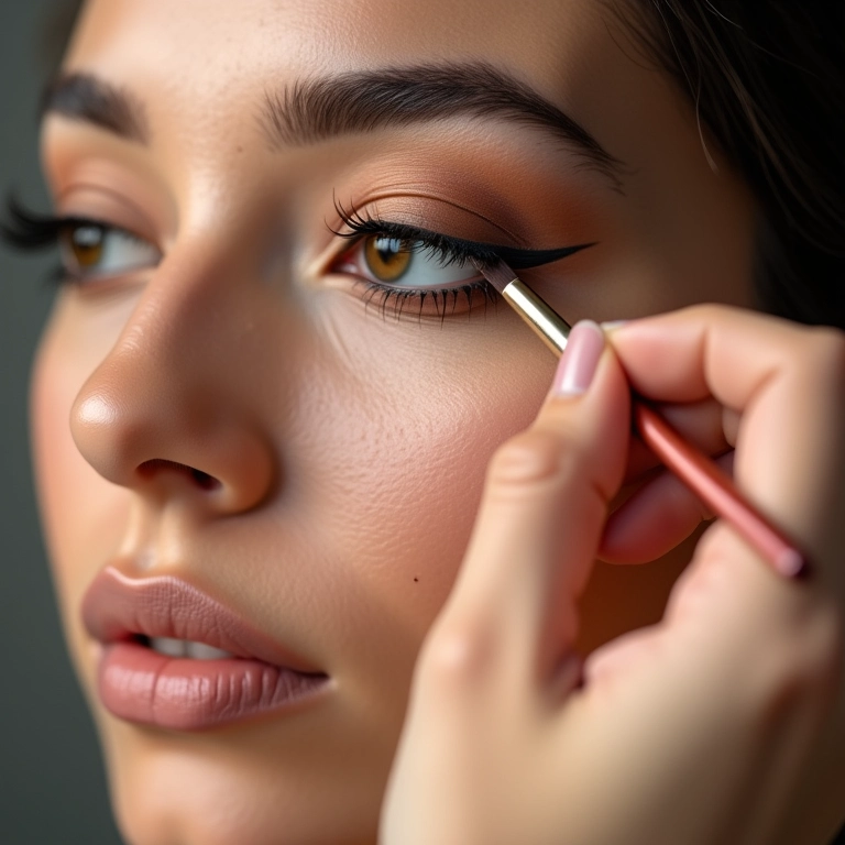 Pequeno pincel de esfumar sendo usado na linha inferior dos cílios.