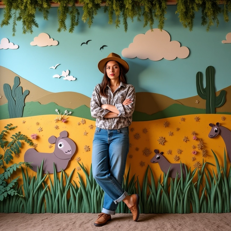 Pessoa posando em frente a uma parede decorada criativamente, com tema brasileiro.