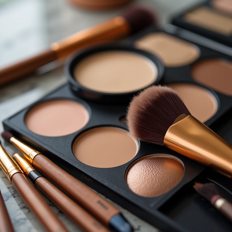 Pincéis de maquiagem ao lado de paleta de contorno de farmácia.