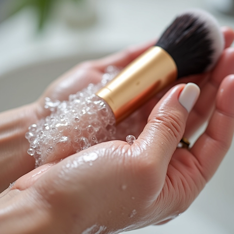 Pincéis de maquiagem sendo limpos.