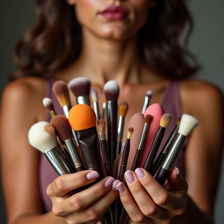 Pincéis e esponjas de maquiagem.