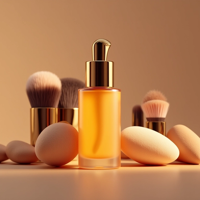 Pincéis e esponjas para aplicar iluminador dourado em close-up.