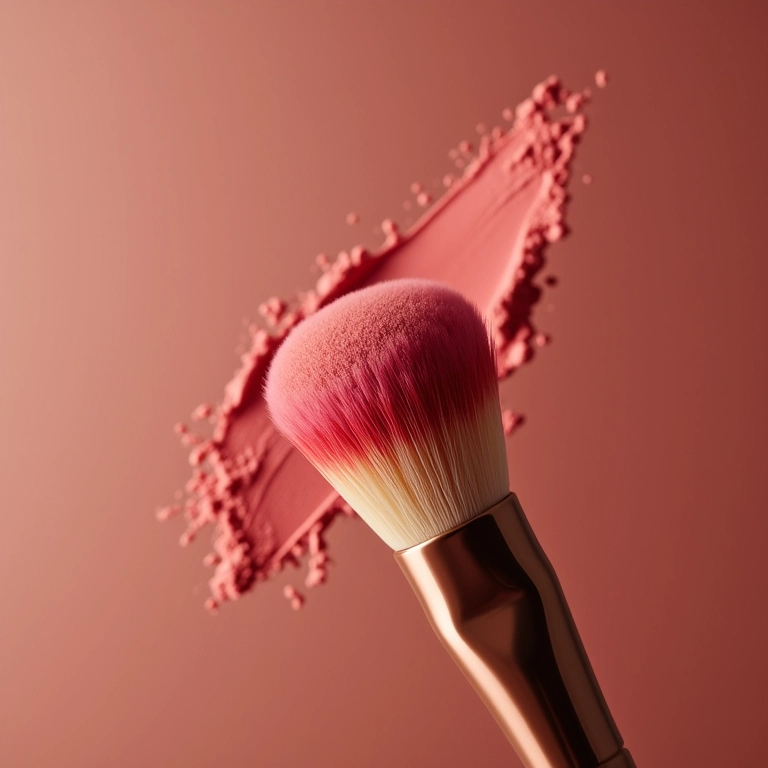 Pincel chanfrado aplicando blush com precisão.