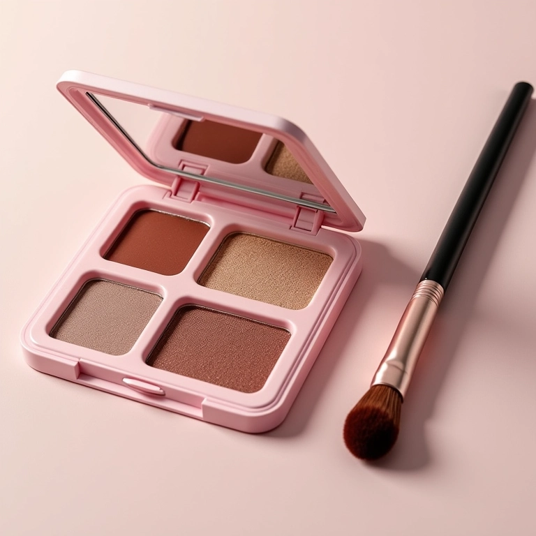 Pincel de esfumar com cerdas sintéticas ao lado de paletas de sombra.