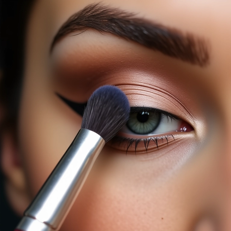 Pincel de esfumar cônico sendo usado no côncavo do olho.