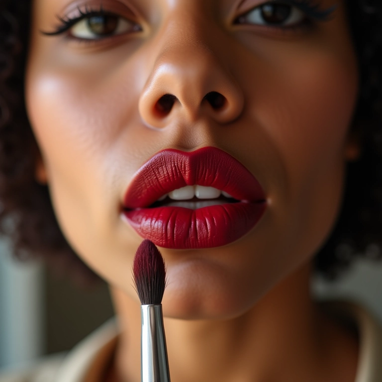 Pincel labial definindo o contorno dos lábios com batom vermelho.
