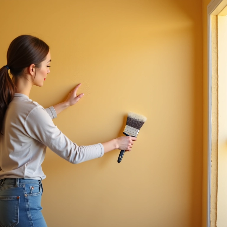 Pintora aplicando primer em parede já pintada.