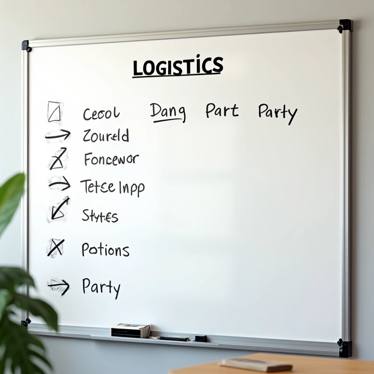 Plano de logística da festa em um quadro branco com setas e detalhes.