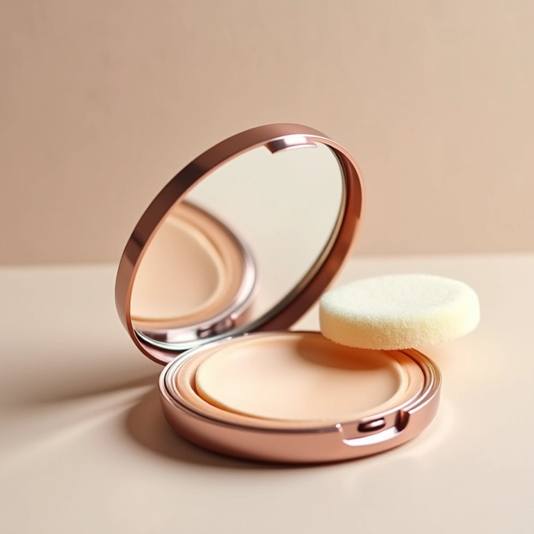 Pó compacto com esponja aplicadora.
