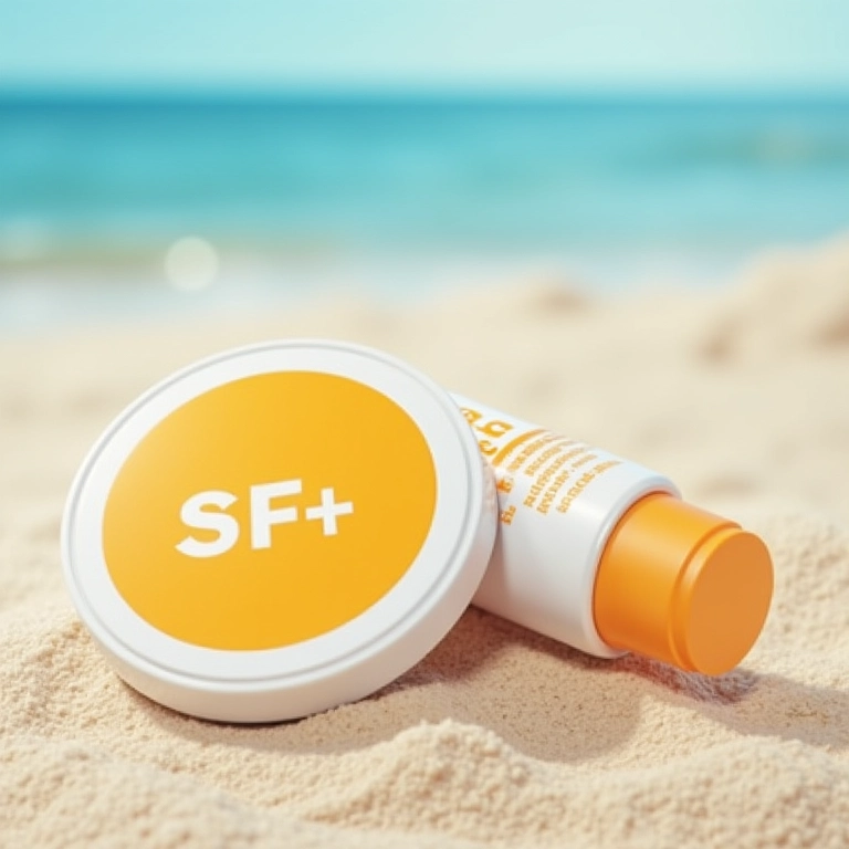 Pó compacto com FPS exibido com protetor solar em cenário de praia.