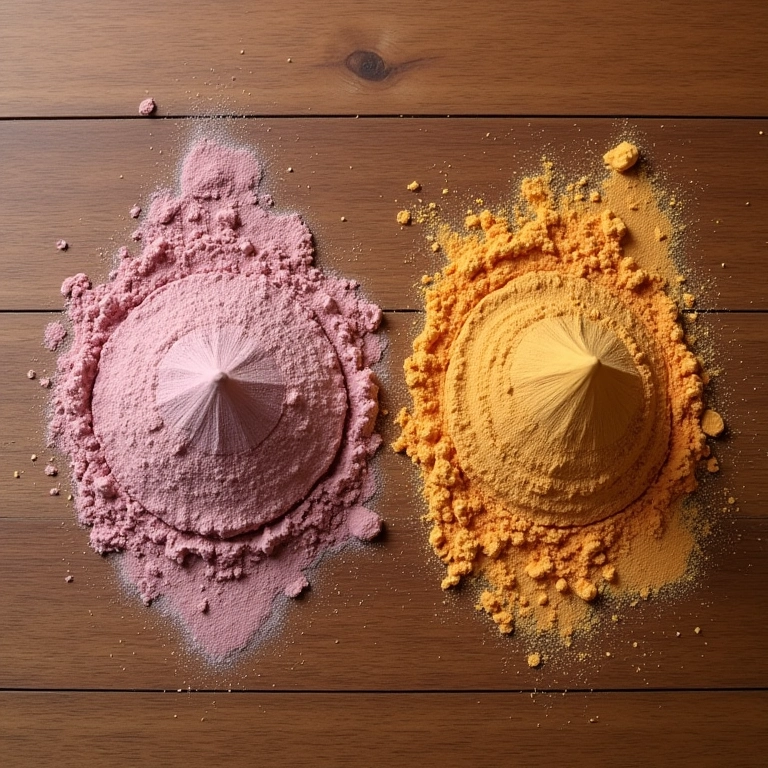 Pó de acabamento solto e compacto lado a lado em uma mesa de madeira.