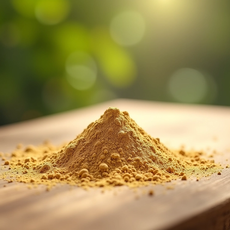 Pó de bambu natural derramado sobre superfície de madeira, destacando a textura.
