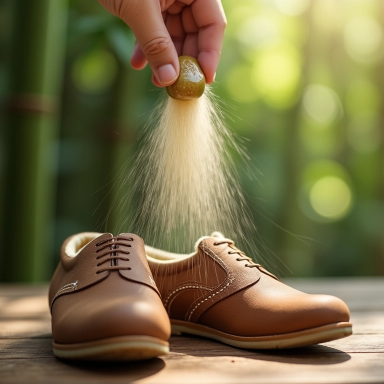 Pó de bambu sendo usado para remover odores desagradáveis de sapatos.