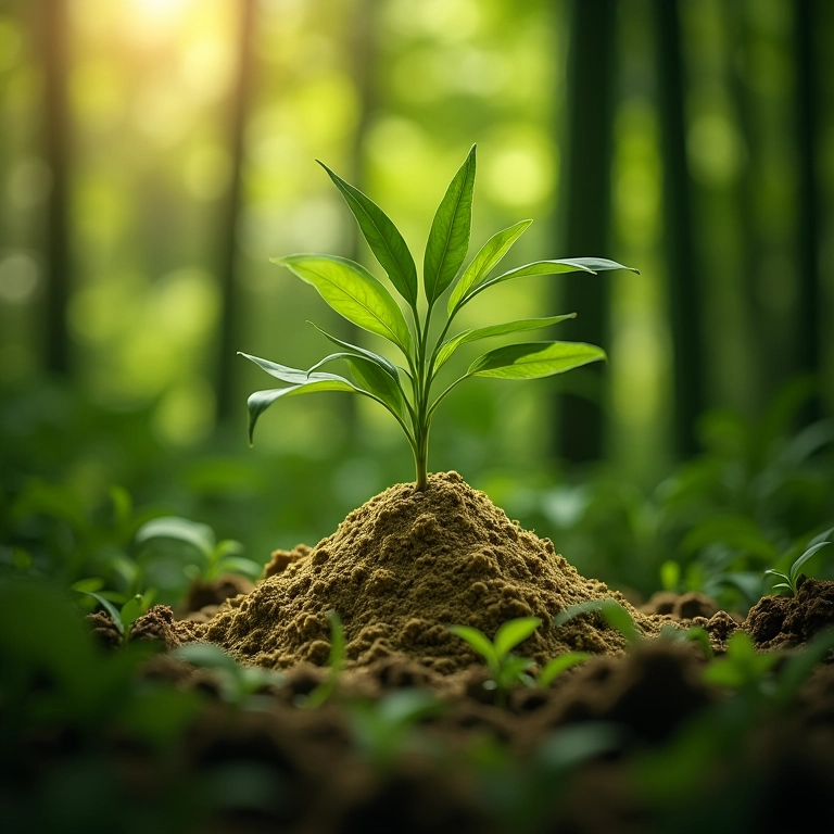 Pó de bambu sendo utilizado como adubo natural para plantas em um jardim.