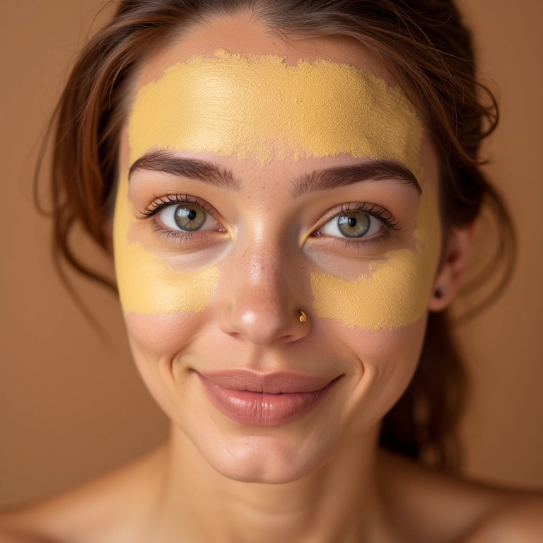 Pó de banana rosado controlando a oleosidade na testa de uma mulher.