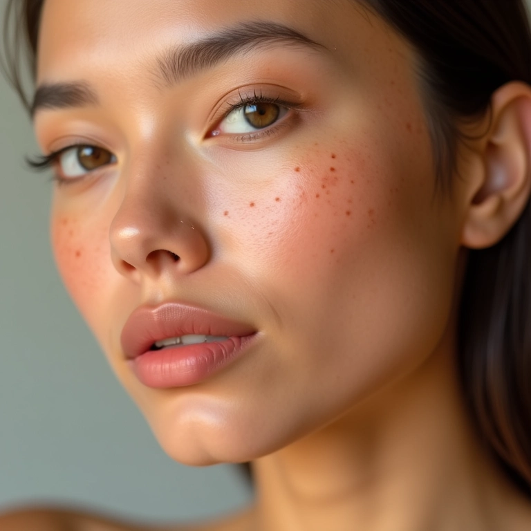 Pó de banana rosado disfarçando imperfeições na pele clara de uma mulher.