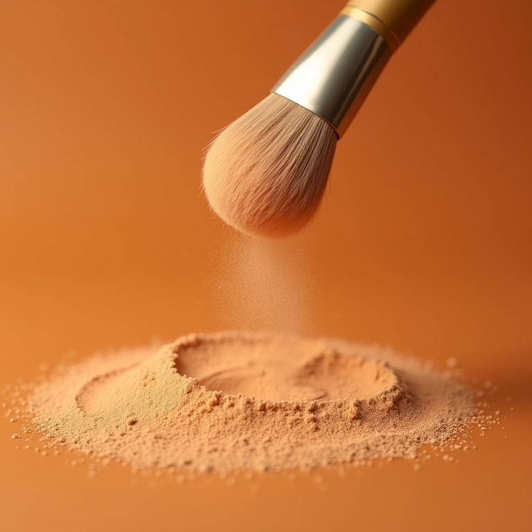 Pó de banana rosado sendo aplicado com pincel para selar a maquiagem.