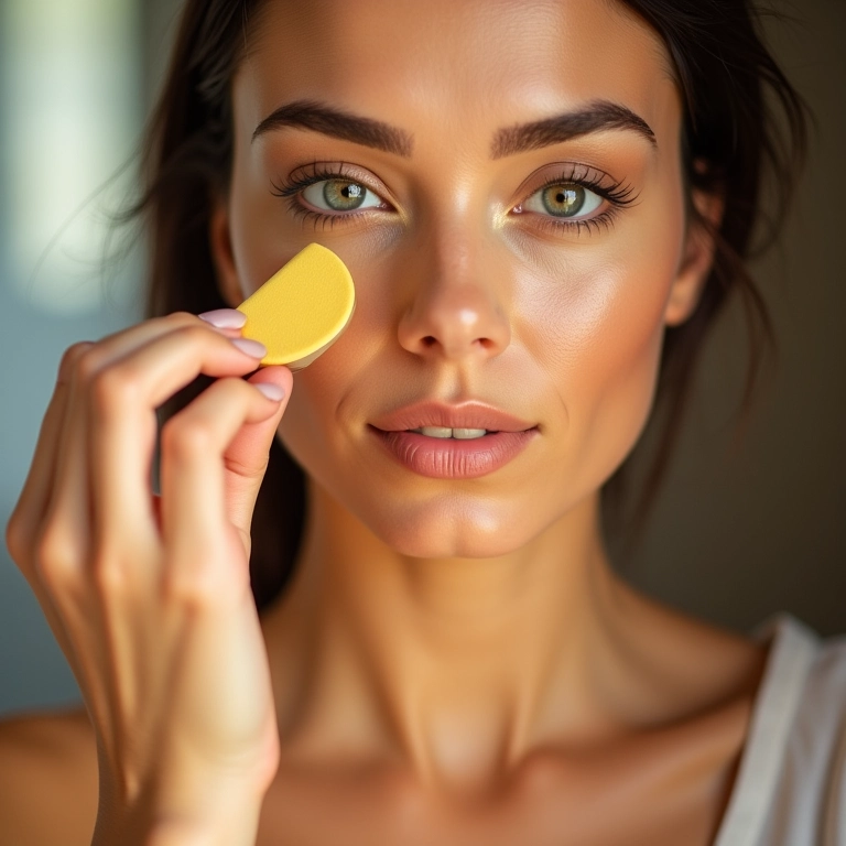 Pó finalizador amarelo selando corretivo abaixo dos olhos.