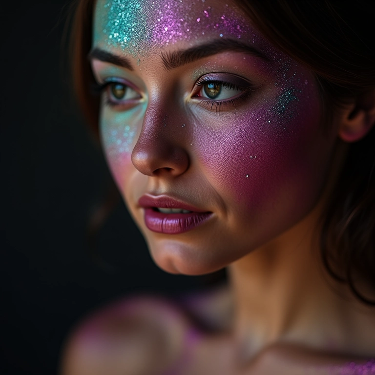 Pó multicor com partículas de brilho, ideal para makes noturnas.