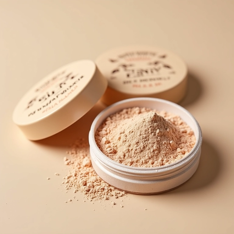 Pó solto mineral vegano com selo cruelty-free e embalagem sustentável.