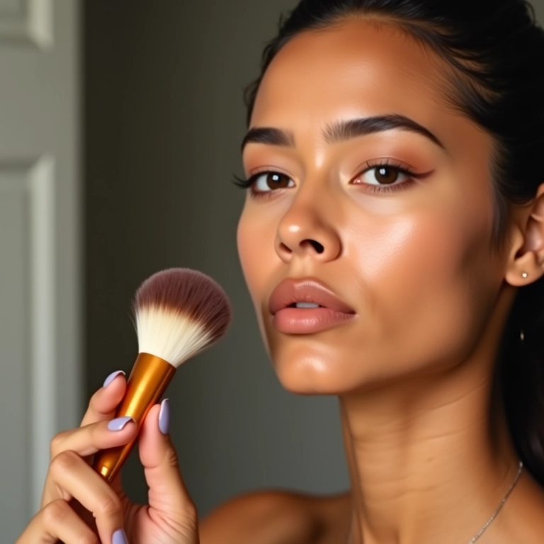 Pó translúcido: mulher aplicando pó para selar a maquiagem.