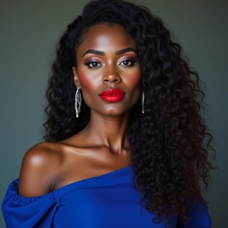 Poder e atitude: batom vermelho para um look impactante com vestido azul.