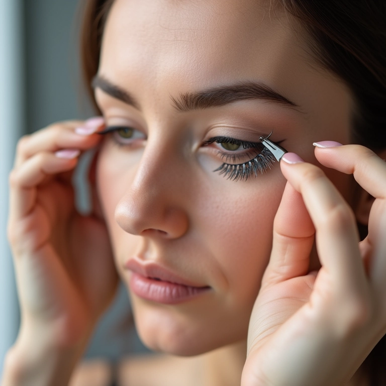 Posicionando os cílios postiços com cuidado e precisão.