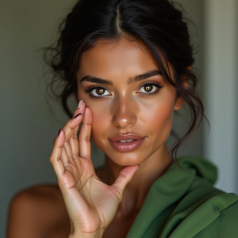 Preparação da pele antes da maquiagem com vestido verde.