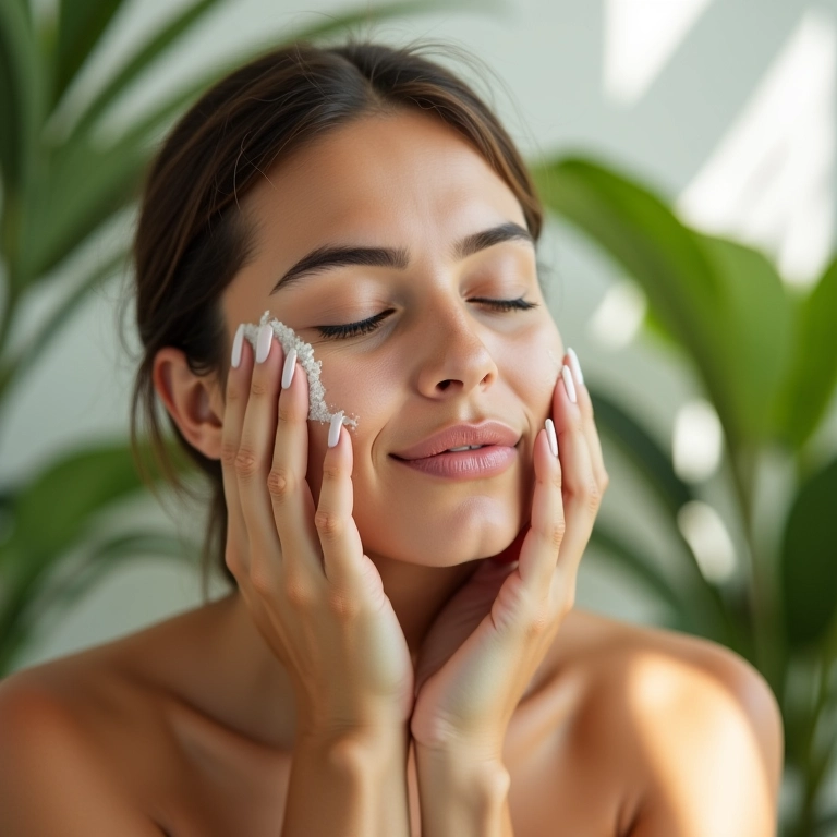 Preparação da pele: mulher brasileira limpando o rosto em banheiro iluminado.