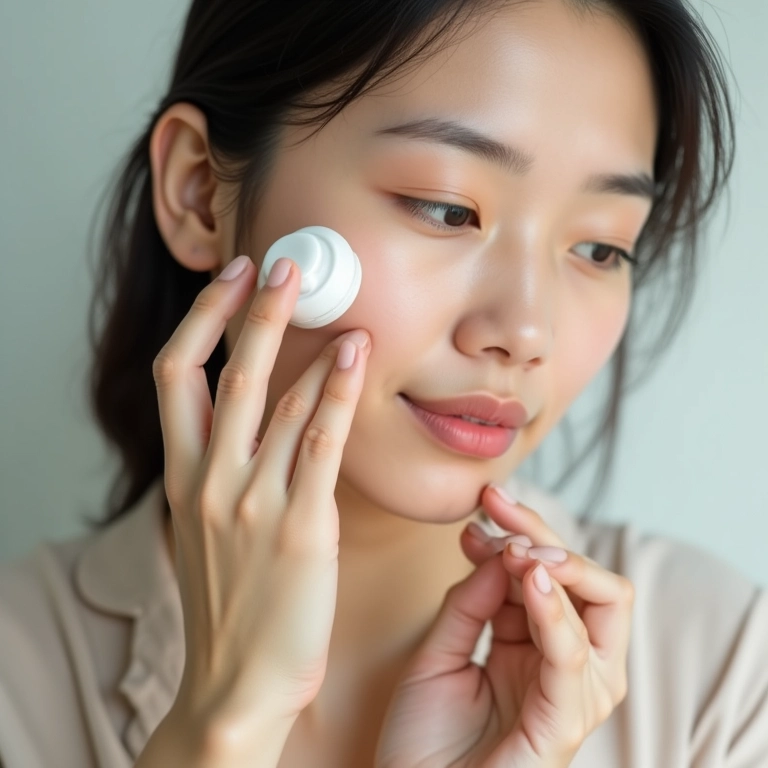 Preparação da pele por mulher oriental com hidratante.