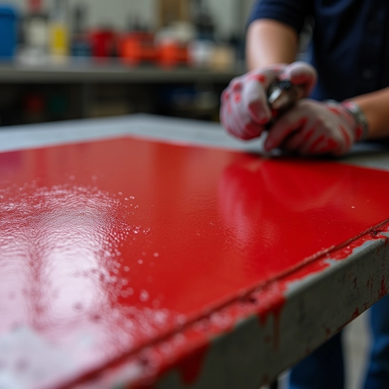 Preparação para pintura com tinta primer vermelha.