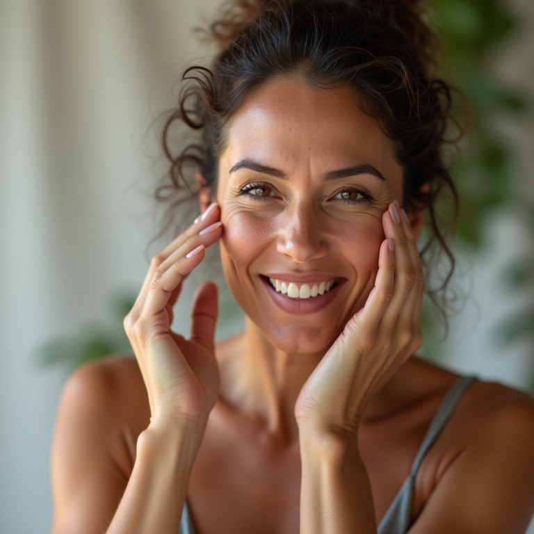 Primer em mousse disfarçando linhas finas em mulher madura.