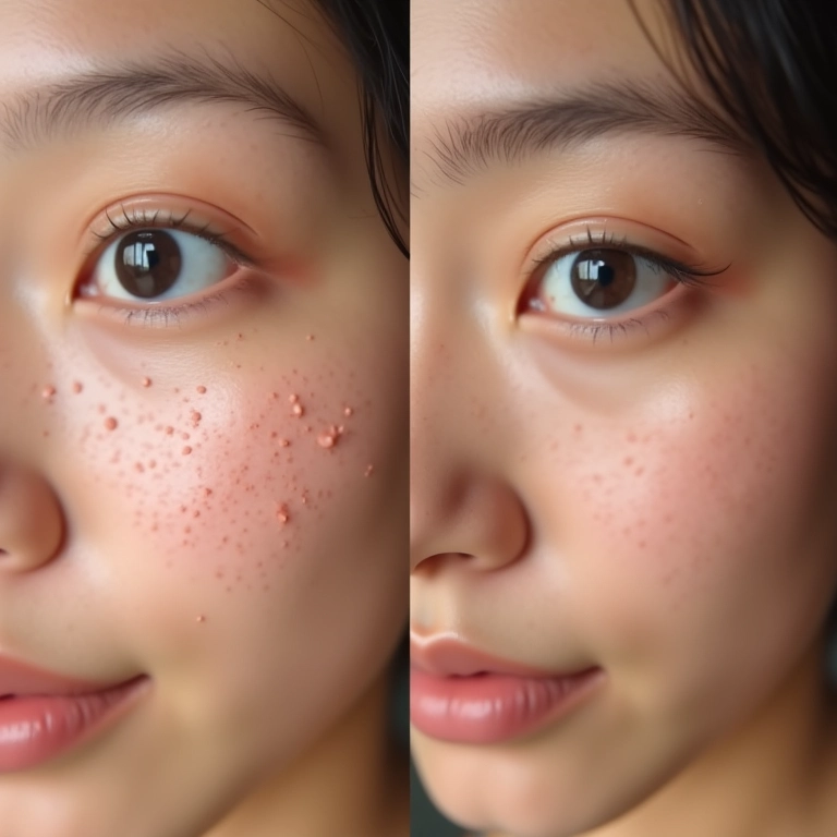 Primer sendo aplicado em pele com poros dilatados, efeito antes e depois.