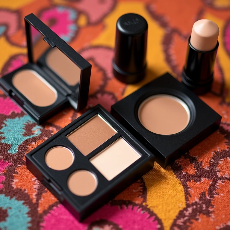 Produtos de contorno de farmácia organizados em um tecido colorido.