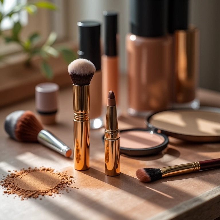 Produtos de contorno essenciais para rosto triangular: sticks, pós e pincéis.