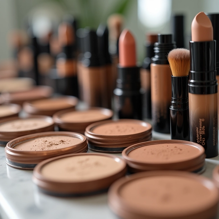 Produtos de maquiagem para contorno facial em diversos tons.