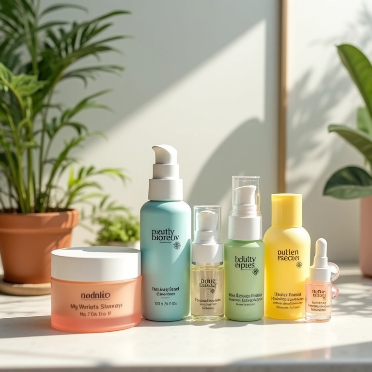 Produtos de skincare de alta qualidade em uma penteadeira iluminada.