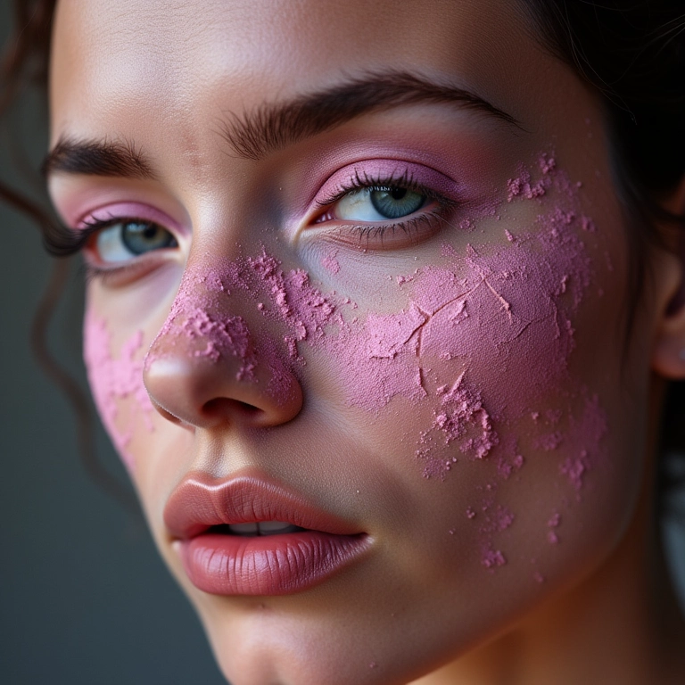 Produtos em pó de maquiagem com rachaduras e grumos.