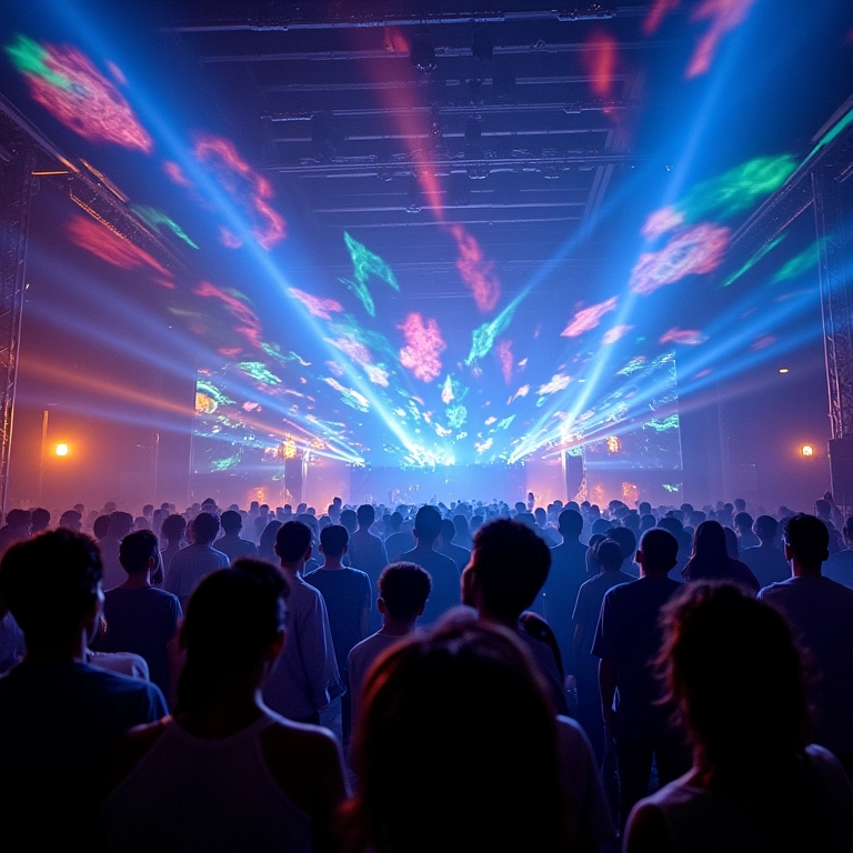 Projetores holográficos exibindo imagens vibrantes em festa brasileira.