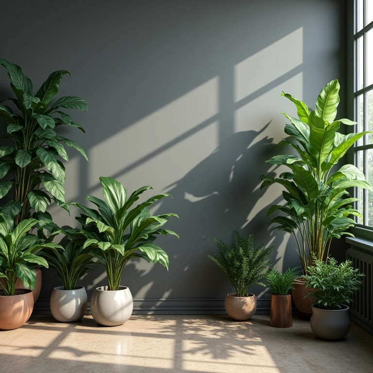Quarto cinza com plantas e elementos naturais.